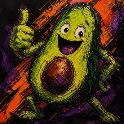 a happy avocado character giving a thumbs up, bold readable design on a plain background, no text