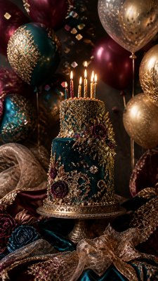 a birthday cake with lit candles surrounded by balloons and confetti, festive vertical composition, no text