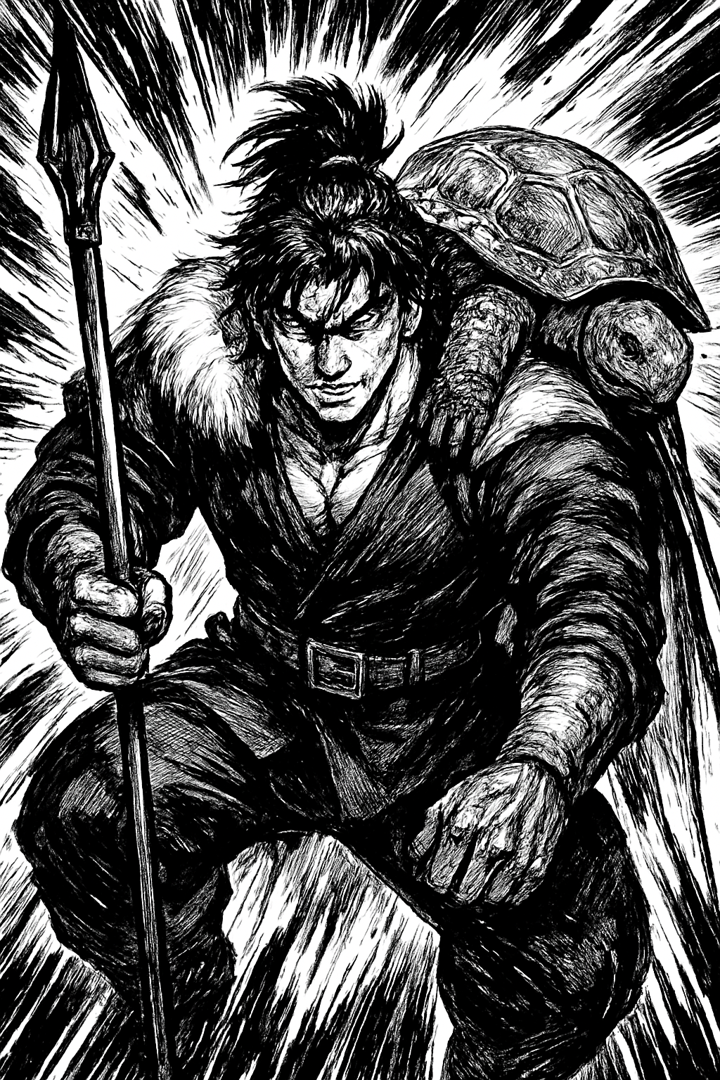 a man sitting on a chair with a turtle on his shoulders