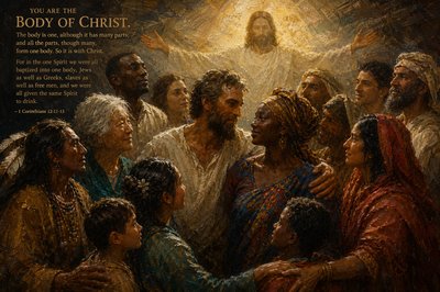“You Are the Body of Christ. The body is one, although it has many parts; and all the parts, though many, form one body. So it is with Christ. For in the one Spirit we were all baptized into one body, Jews as well as Greeks, slaves as well as free men, and we were all given the same Spirit to drink. 
–  1 Corinthians 12:12-13
