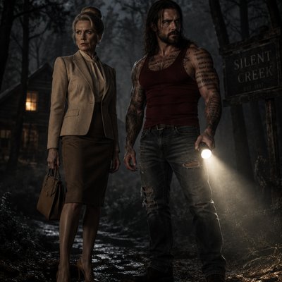 Je veux 2 personnages en mode horreur , une femme, un peu âgée avec un chignon hyper élégante habillé en beige et marron, jupe, blazer, talons, elle a l’air implabcable un deuxième personnage sexe masculin, cheveux longs barbe débardeur rouge sombre
 il tient une lampe torche,  il a des tatouages partout comme des paroles et des écritures horizontales sur tout son corp sauf sur son visage il a un jean déchiré un peu et grand musclé un peu poilu je veux qu’on dirait une affiche d’horreur qui soit dans les bois ou dans une petite ville ou dans un café peu importe, il y a une ambiance angoissant et autour de eux c’est la lumière, les deux personnages sont importants donc y en a pas un devant l’autre, ils sont côte à côte à gauche à droite