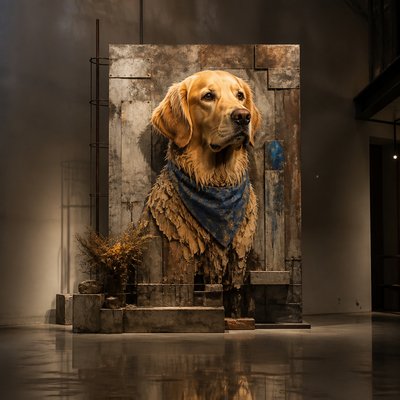 portrait of a golden retriever wearing a blue bandana, warm plain backdrop, no text