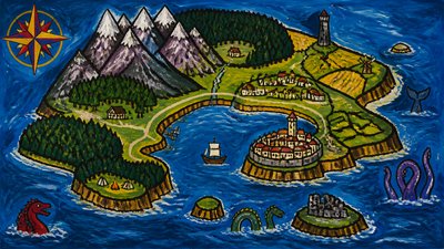 a map of an island realm with mountains, forests, a sheltered bay, sea monsters in the water and a compass rose, no text labels