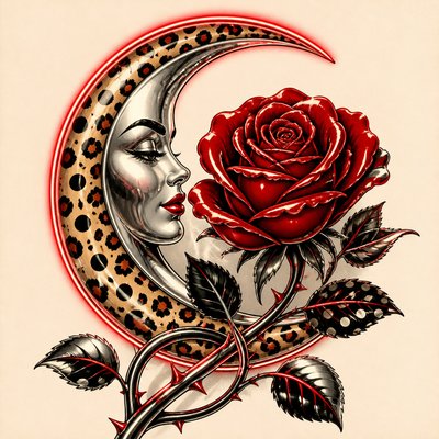 a rose entwined with a crescent moon, clean balanced composition on a plain background, no text