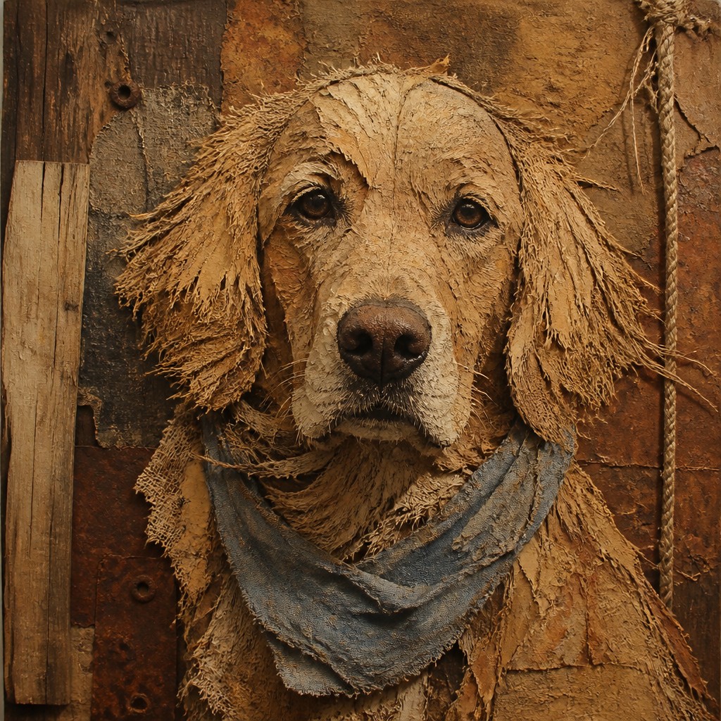 portrait of a golden retriever wearing a blue bandana, warm plain backdrop, no text