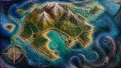a map of an island realm with mountains, forests, a sheltered bay, sea monsters in the water and a compass rose, no text labels