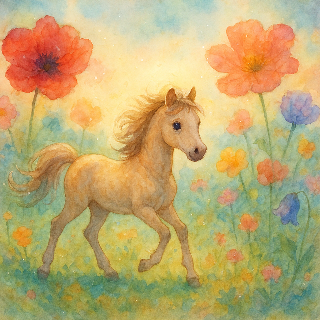   A whimsical little horse wandering through a fantastical meadow of oversized flowers, soft morning light, delicate sparkles drifting in the air, intricate details, watercolor-dream mood, gentle movement in the mane and tail, expressive eyes, cinematic depth and color