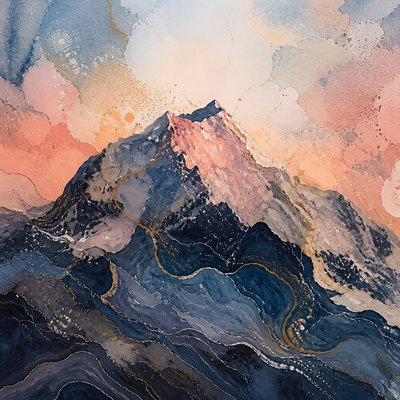 a painting of a mountain with a sky background