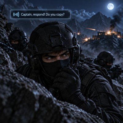 Create the second vertical 9:16 image for Scene 1 of a cinematic military-romance story, continuing directly from the approved first image.  Character and visual continuity: Captain Yug Vardhan must remain exactly consistent with the first image and the provided character reference. He wears the same black tactical safety helmet, black face mask, and dark charcoal-black covert tactical gear. Keep his eyes, visible forehead, helmet, outfit, and body proportions consistent. Do not reveal his full face.  Scene: Night, 11:47 PM, in the same rugged mountain terrain during a dangerous covert mission. Yug crouches behind a large dark rock under enemy fire, holding a tactical radio close to his masked mouth. His eyes are alert and tense as he listens carefully. Two masked teammates in matching black tactical gear remain partially visible behind him. Faint distant gunfire flashes illuminate the rocky landscape; subtle smoke hangs in the cold moonlit air.  Camera and composition: Cinematic medium close-up from slightly over Yug’s shoulder, focusing sharply on his eyes, gloved hand, and radio. Teammates and mountains softly blurred in the background. Dramatic cool blue moonlight, subtle orange flashes from distant gunfire, deep shadows, atmospheric depth.  Art style: High-quality digitally rendered 3D semi-realistic CGI, cinematic anime-inspired realism, expressive eyes, detailed tactical materials, realistic lighting, dramatic movie-frame composition. This must match the approved first image—not photorealistic live-action and not flat 2D anime.  Dialogue overlay: Add a clean cinematic radio-dialogue panel near the top, with a small radio-wave icon and the exact text:  “Captain, respond! Do you copy?”  Show this as an incoming radio transmission, not as dialogue spoken by Yug. Keep the text perfectly readable, correctly spelled, and inside the safe margins for Instagram Reels.  Strict continuity rules: Same character identity, same helmet, same black mask, same outfit, same mountain location, same time, same color palette and rendering style as the first image. No uniform changes, no exposed face, no extra fingers, no distorted radio, no random text, no watermark, no logos, no flags, no nameplates. Vertical 9:16 composition.