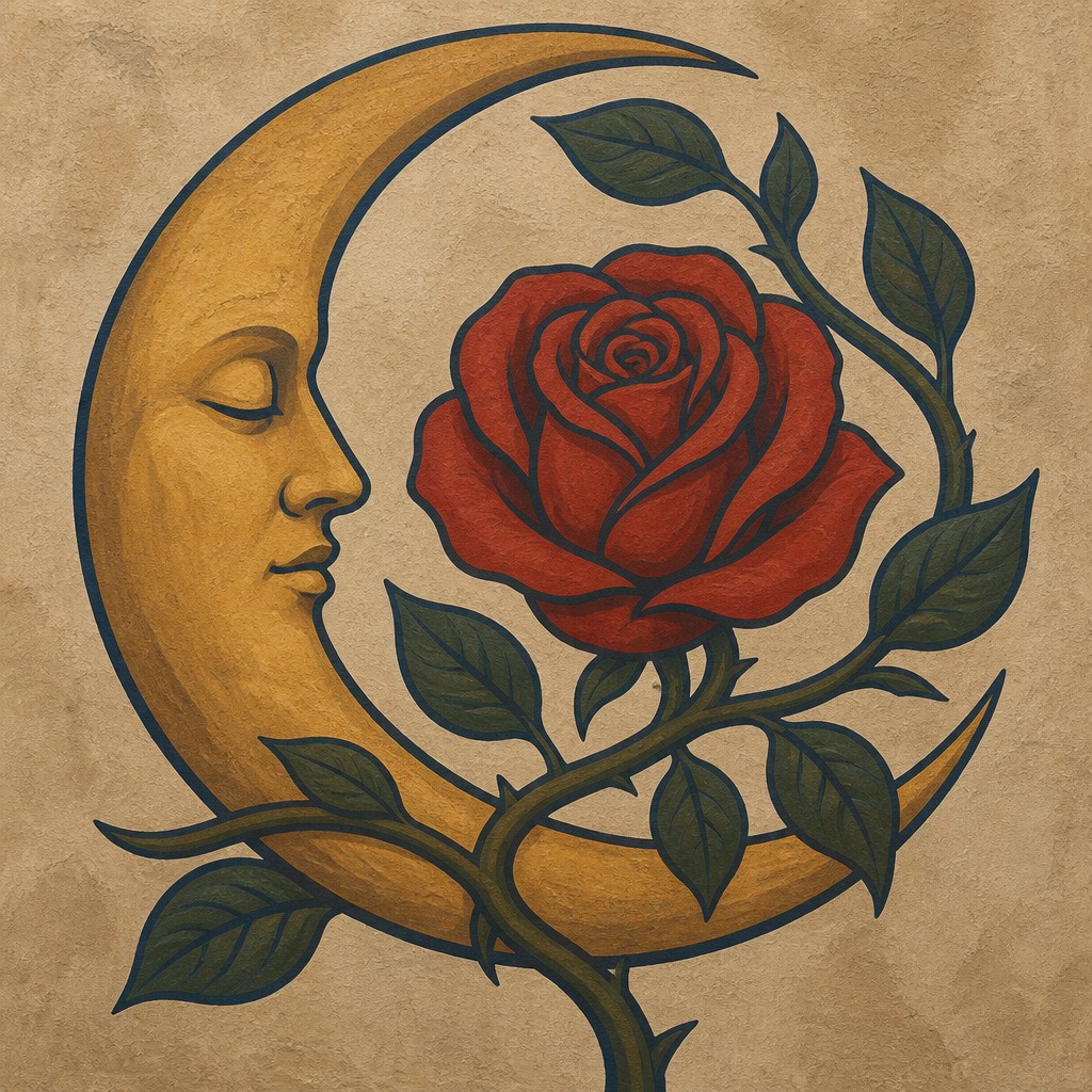 a rose entwined with a crescent moon, clean balanced composition on a plain background, no text