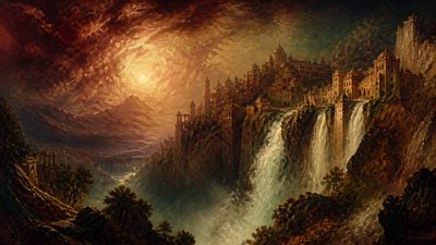 a cliffside city with waterfalls cascading into a misty canyon, wide establishing shot, no people, no text