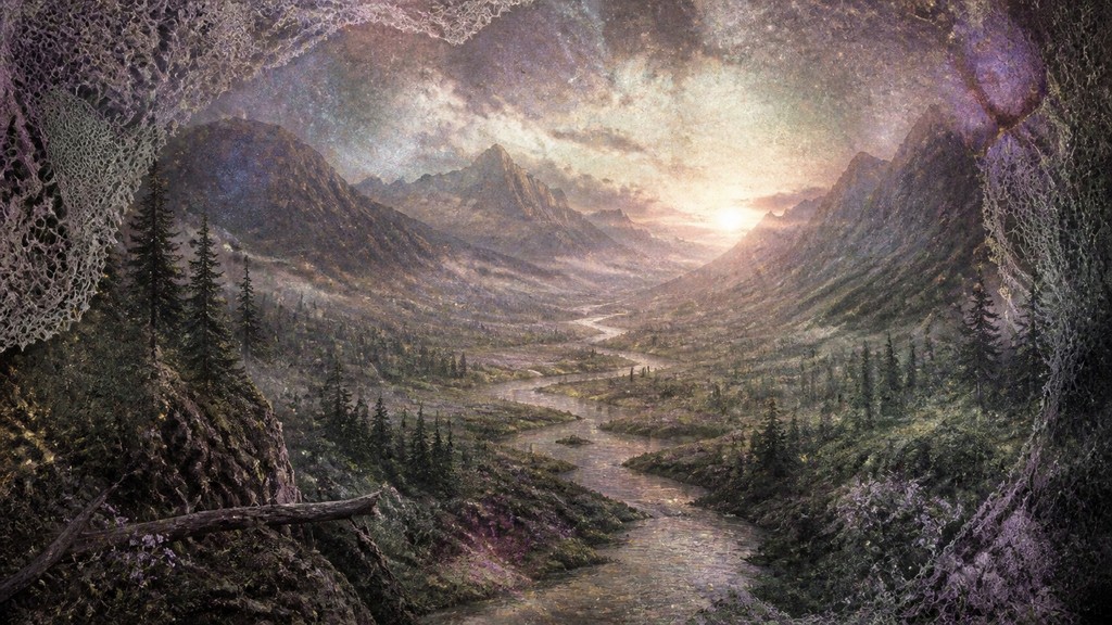 a vast valley with a river winding toward distant mountains at sunrise, no people, no text