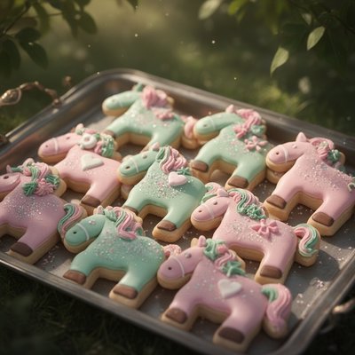 a tray of tiny horse-shaped sugar cookies, highly detailed icing, pastel holiday colors, sparkle sugar, soft bakery lighting, shallow depth of field, whimsical but elegant, intricate frosting texture, macaron-style softness, christmas atmosphere, ultra-detailed, 3d render look, artisan cookie photography style