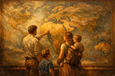 A young couple with two children stand in front of a wall-sized world map, facing the map.  The young father is pointing to somewhere in Africa.  The young mother is wearing a backpack and carrying one of the children on her hip.