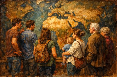 2 young couples with children stand in front of a wall-sized world map, facing the map.  One young father is talking to the other and they are interested in Africa.  One young mother is wearing a backpack and the other has a baby that she's carrying in her arms.  An older couple stand nearby
