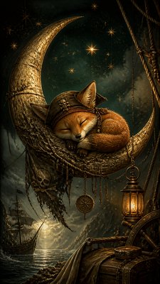 a sleeping baby fox curled on a crescent moon among soft stars, gentle and warm, no text