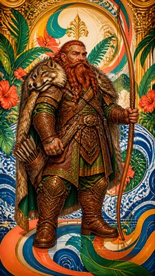 full-body original character: a dwarven ranger with a braided auburn beard, worn leather armor, a longbow and a wolf-pelt cloak, neutral background, no text