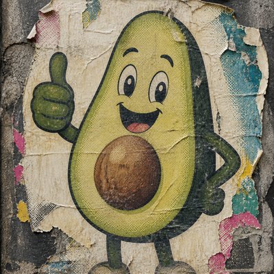a happy avocado character giving a thumbs up, bold readable design on a plain background, no text
