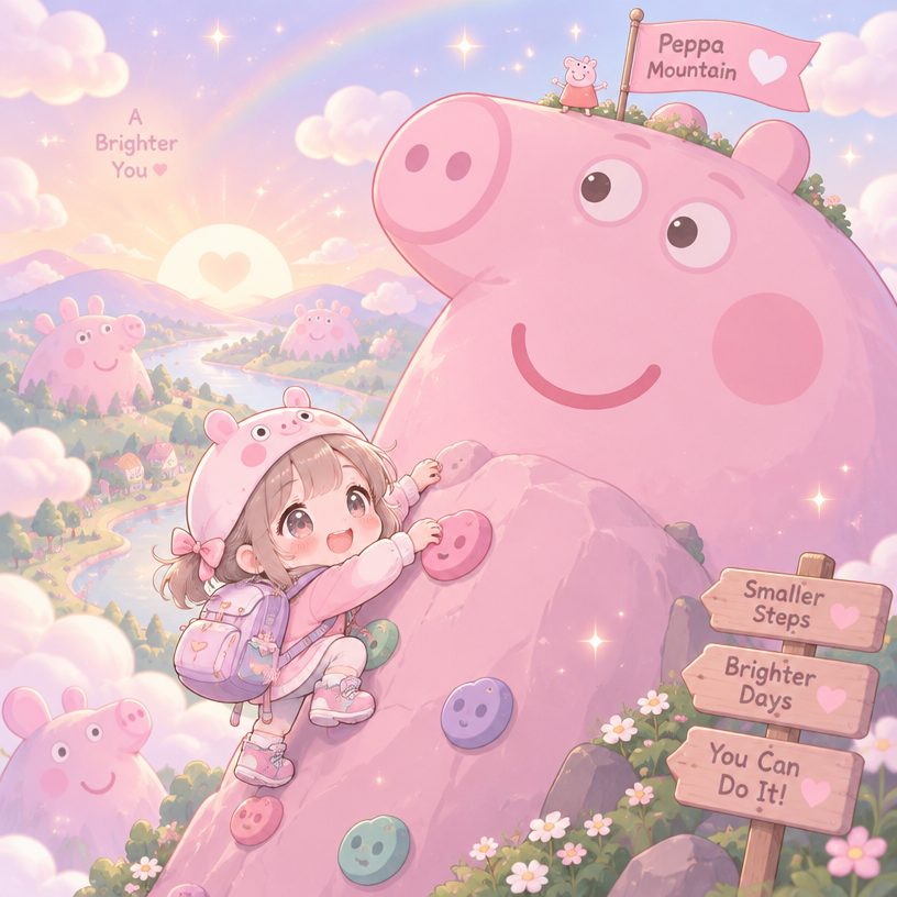 Tiny cute girl climbing Peppa pig mountain