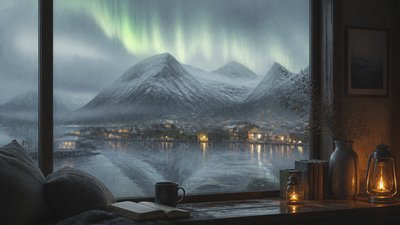a flowing aurora over snowy peaks, wide sweeping composition, no people, no text