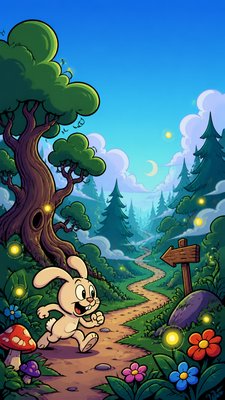 a mysterious forest path with fireflies and drifting mist, atmospheric vertical composition with open space at the top, no text