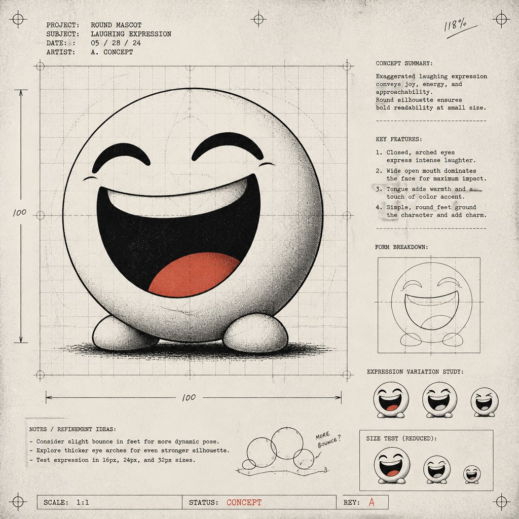 an exaggerated laughing face of an original round mascot character, bold and readable at small size, plain background, no text
