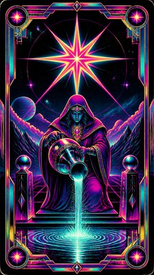 a robed figure pouring water beneath a large eight-pointed star in a night sky, symmetrical composition with an ornate decorative border, no text
