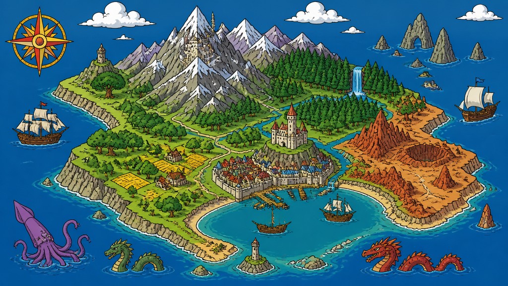 a map of an island realm with mountains, forests, a sheltered bay, sea monsters in the water and a compass rose, no text labels