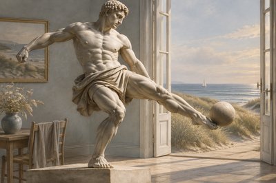 a statue of a man kicking a ball