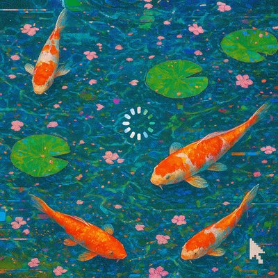 A koi pond seen from above, orange and white koi fish swimming among lily pads, clear water with subtle ripples, fallen cherry blossom petals floating on the surface, dappled sunlight