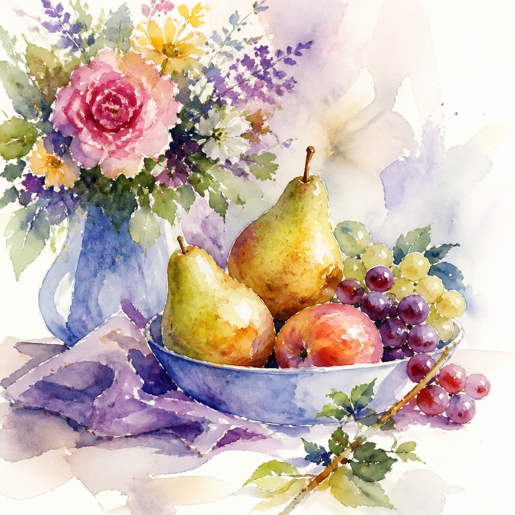 still life arrangement of fruits and flowers