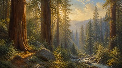a panoramic redwood forest with light rays through mist, no people