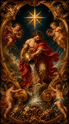 a robed figure pouring water beneath a large eight-pointed star in a night sky, symmetrical composition with an ornate decorative border, no text