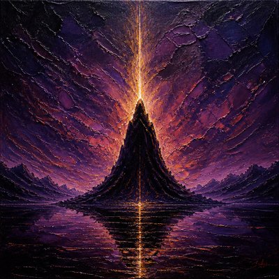 a painting of a pyramid in the middle of a body of water