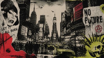 bustling city street panorama at dusk