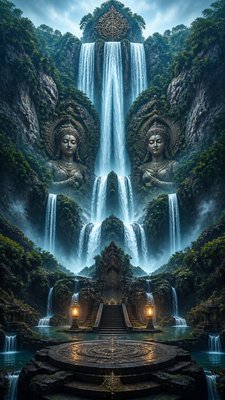 towering waterfall cascading down a cliff