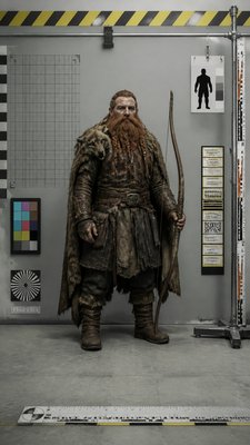 full-body original character: a dwarven ranger with a braided auburn beard, worn leather armor, a longbow and a wolf-pelt cloak, neutral background, no text