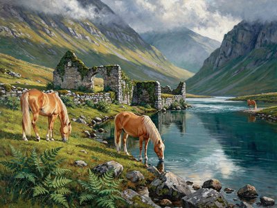 Seamless triptych artwork, continuous scene flowing left to right, left panel shows a palomino horse in the foreground on the far left side of the scene walking down a grassy slope toward a reflective teal-blue river in the Scottish Highlands with rocks and ferns around its hooves, center panel continues the same landscape as the horse now appears in the midground at the center of the scene standing at the river’s edge drinking from the reflective water beside ancient moss-covered stone ruins, right panel continues the scene as the horse appears far away in the distance on the far right side of the scene following the riverbank toward steep mist-covered mountains with dramatic sunlight breaking through the clouds, unified natural palette of greens golds and reflective teal blues, consistent cinematic lighting, shared horizon line, smooth uninterrupted left-to-right visual flow with no panel separation.