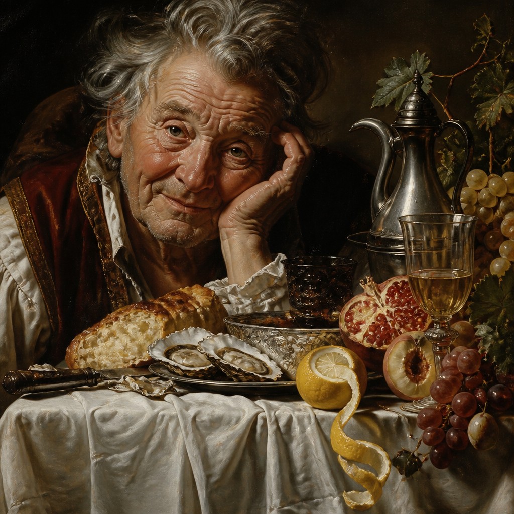 close-up portrait of an elderly person with expressive weathered features — Banquet Still Life Art Style
