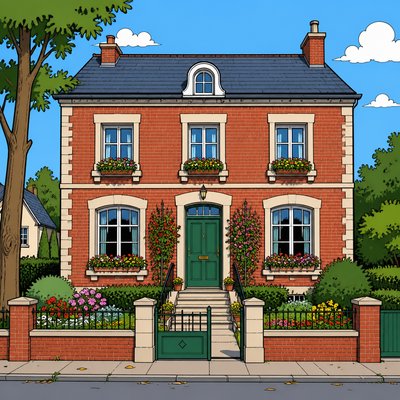 front view of a two-story brick house with a green front door, white window frames and flower boxes, no people