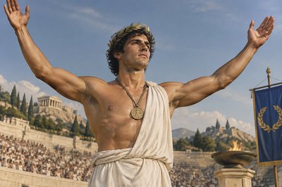 ancient greek athlete with hands raised