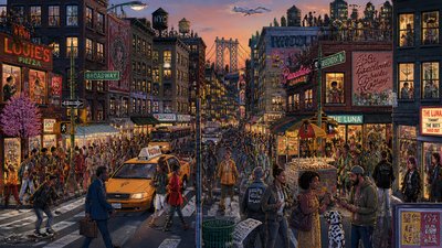 bustling city street panorama at dusk