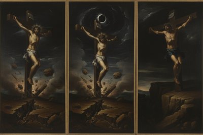A triptych oil painting, presented as three heavily framed, connected panels in the dramatic, tenebrism style of Baroque masters like Caravaggio. The overall atmosphere is one of supernatural, oppressive darkness and violent chaos.

The Left Panel shows the penitent thief on his cross, body twisted in pain but his face turned toward the center panel with a look of sorrowful acceptance. A faint, supernatural light illuminates his face against a nearly black sky. Below him, rocks are splitting.

The Center Panel is dominated by Jesus on the cross, head bowed in finality. The sky is a swirling vortex of eclipse darkness, blotting out the sun. The ground beneath the cross is violently cracking open, emitting dust and smoke, with debris caught in mid-air from the earthquake shockwave.

The Right Panel shows the impenitent thief, writhing and screaming against his bonds, his face contorted in rage looking away from the center. He is almost swallowed by the shadows. The cross appears unstable as the cliffside crumbles beneath it. The entire triptych has a rich, dark color palette of deep browns, blacks, and muted crimson, textured with visible, frantic brushstrokes.