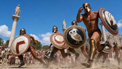 a group of men in roman armor running through a field
