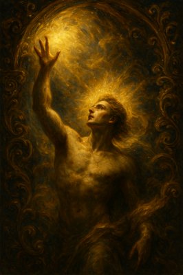 a painting of a man with his hands in the air