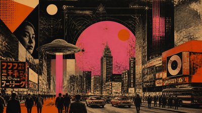 bustling city street panorama at dusk