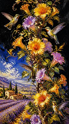 a climbing vine of flowers and hummingbirds on a dark background, tall wrapping composition, no text