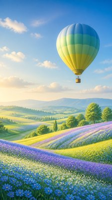 a hot air balloon drifting over rolling flower fields on a sunny day, cheerful, no text