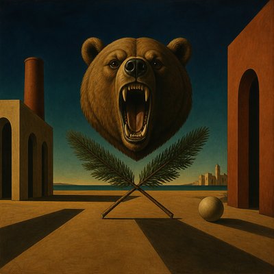 a roaring bear head above crossed pine branches, bold graphic composition on a plain background, no text