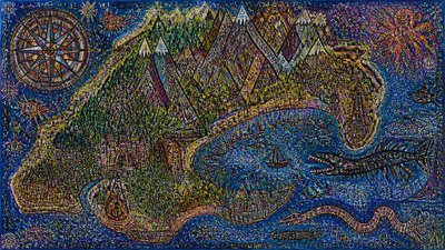 a map of an island realm with mountains, forests, a sheltered bay, sea monsters in the water and a compass rose, no text labels